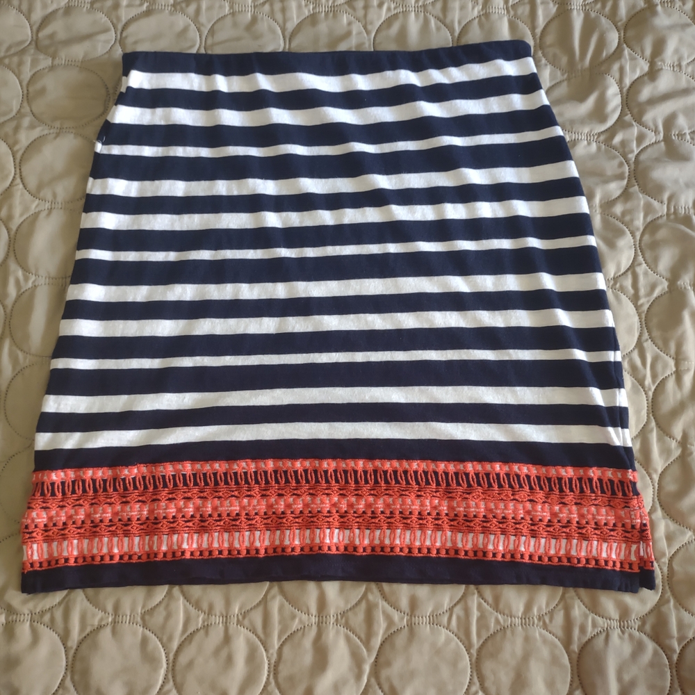 Talbots Navy and White Striped Mini Skirt with Peach Color Embroidered Trim